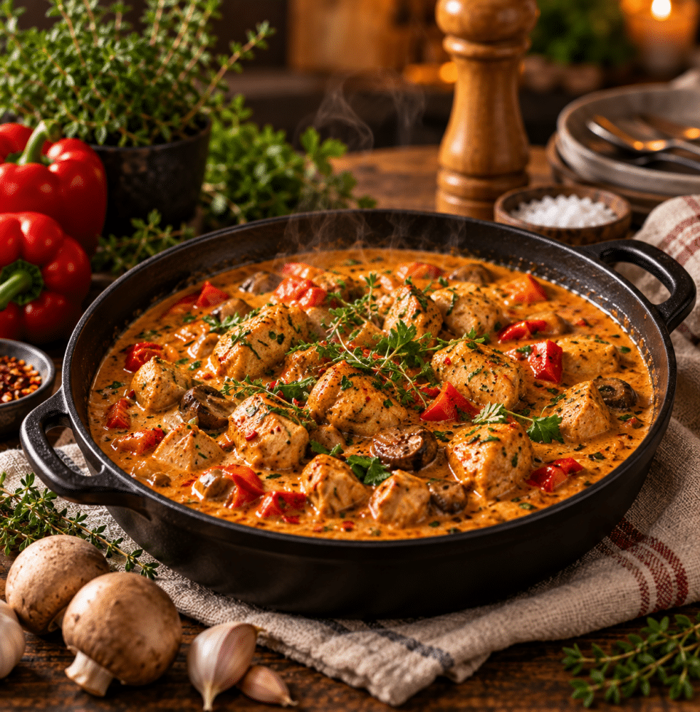 Krämig kycklinggryta med paprika, timjan och chili