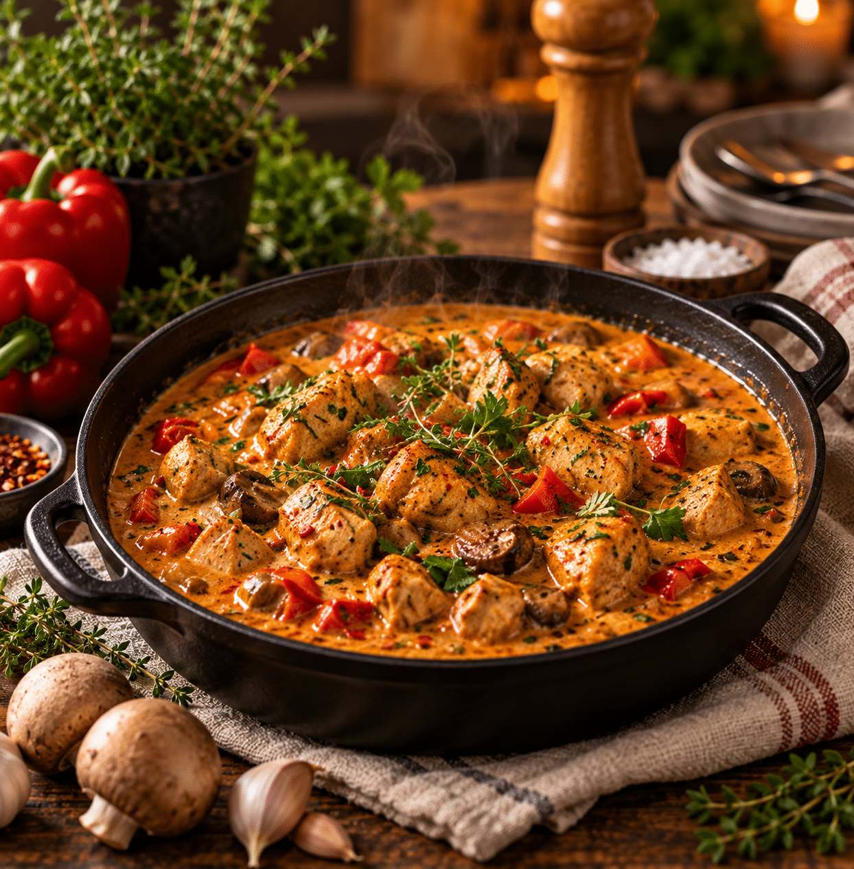 Krämig kycklinggryta med paprika, timjan och chili