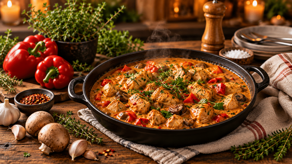 Krämig kycklinggryta med paprika, timjan och chili